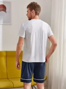 Men Cartoon Bear & Letter Graphic PJ Set - Multicolor - View 2