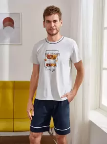 Men Cartoon Bear & Letter Graphic PJ Set - Multicolor - View 1