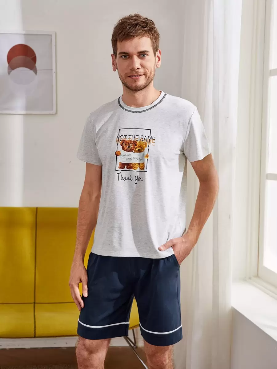 Men Cartoon Bear & Letter Graphic PJ Set - Multicolor - View 1