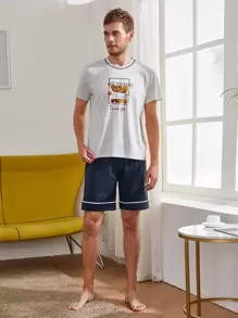 Men Cartoon Bear & Letter Graphic PJ Set - Multicolor - View 4