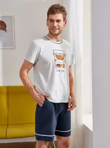 Men Cartoon Bear & Letter Graphic PJ Set - Multicolor - View 5