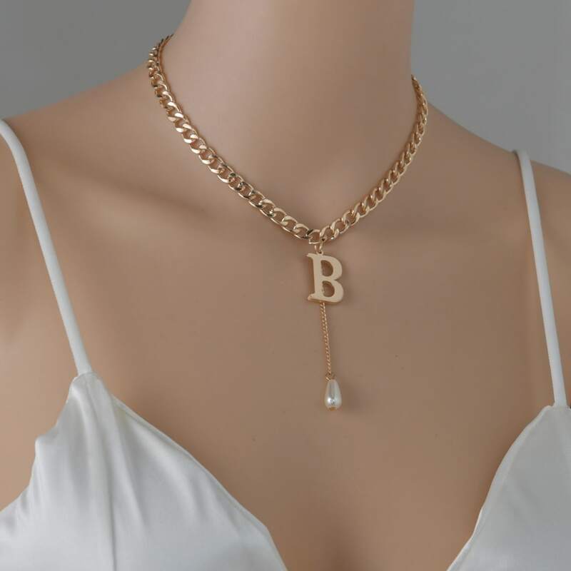 

Faux Pearl Letter Charm Necklace, Gold