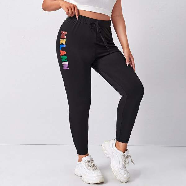 

Plus Letter Graphic Knot Waist Leggings, Black
