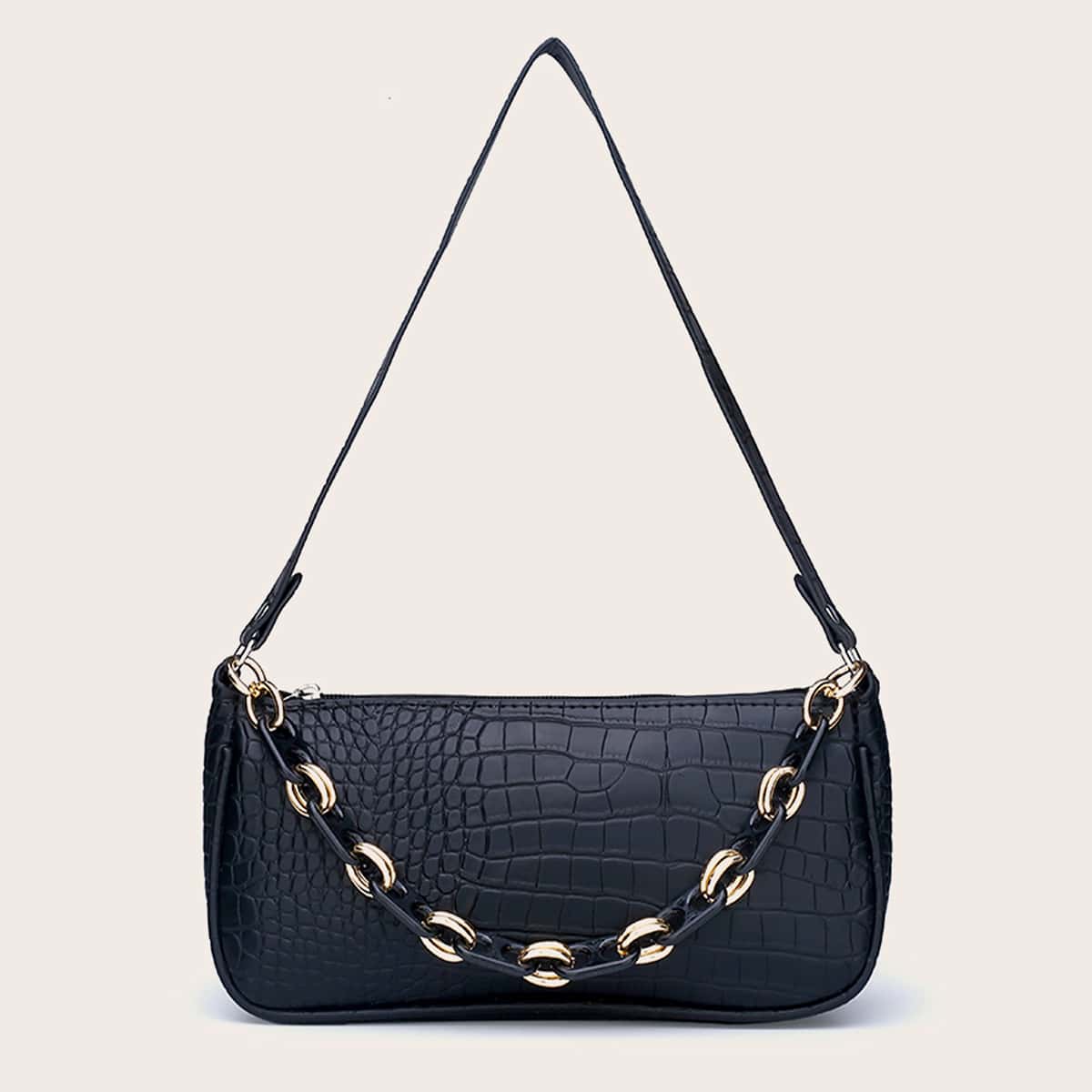 

Chain Decor Croc Embossed Baguette Bag, Black