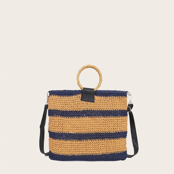 

Striped Straw Woven Tote Bag, Yellow
