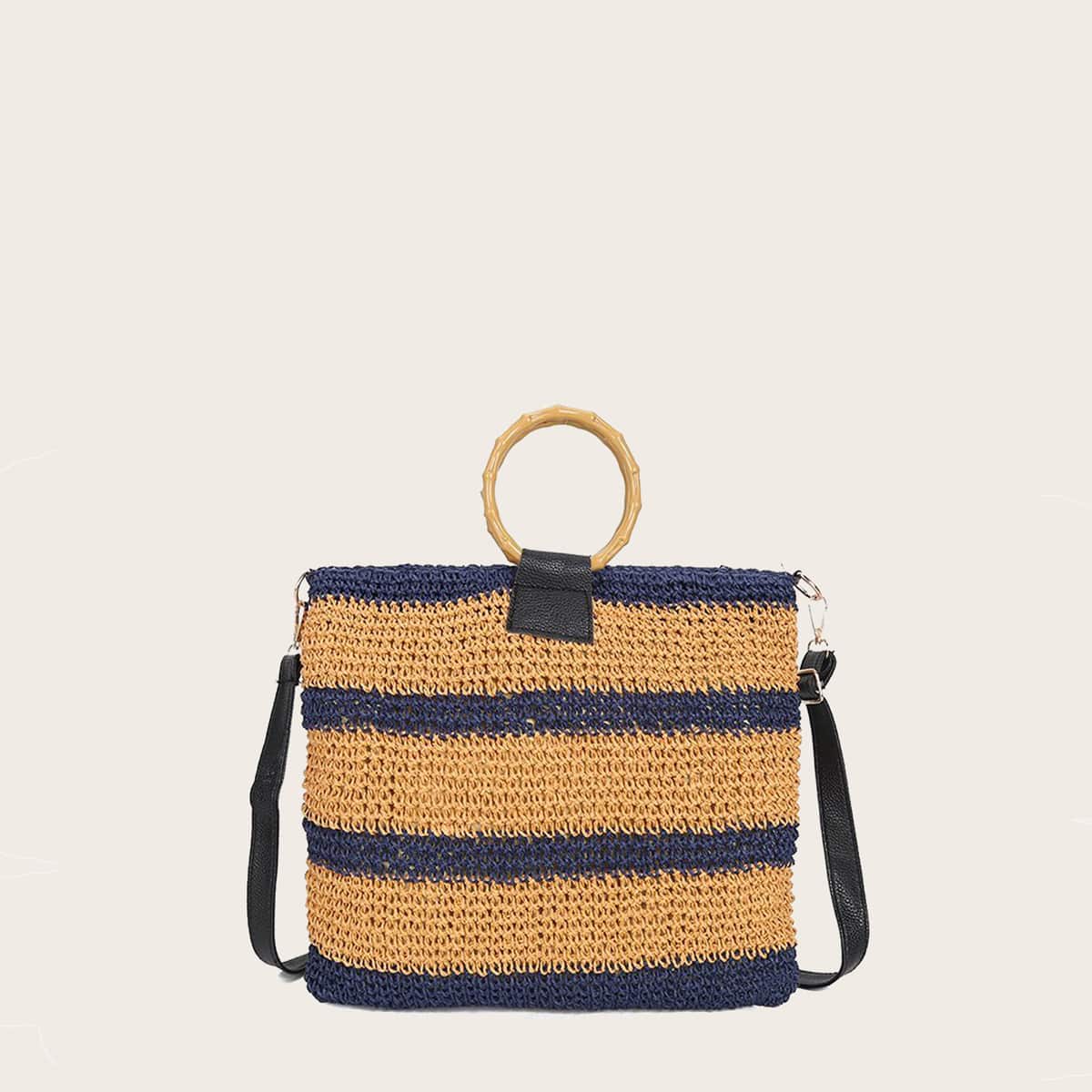 

Striped Straw Woven Tote Bag, Yellow