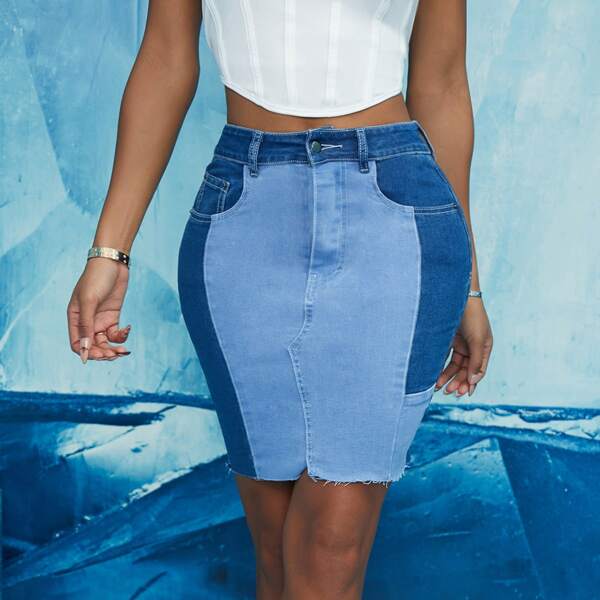 

High Waist Raw Hem Spliced Bodycon Denim Skirt, Light wash