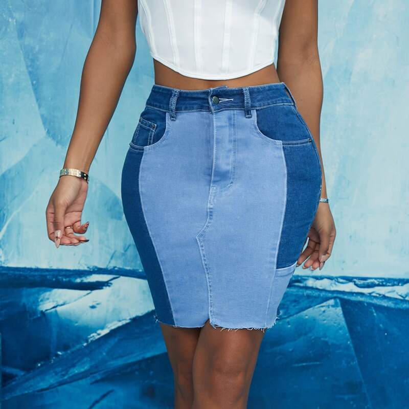 

High Waist Raw Hem Spliced Bodycon Denim Skirt, Light wash