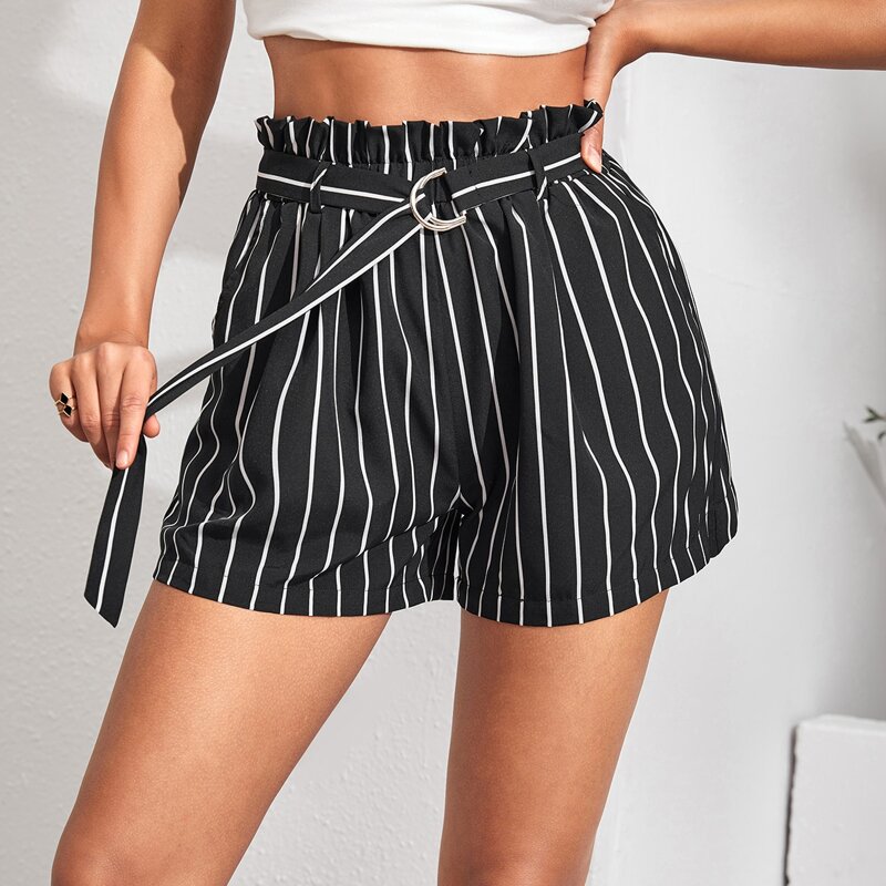 

Striped Belted Paperbag Waist Shorts, Black