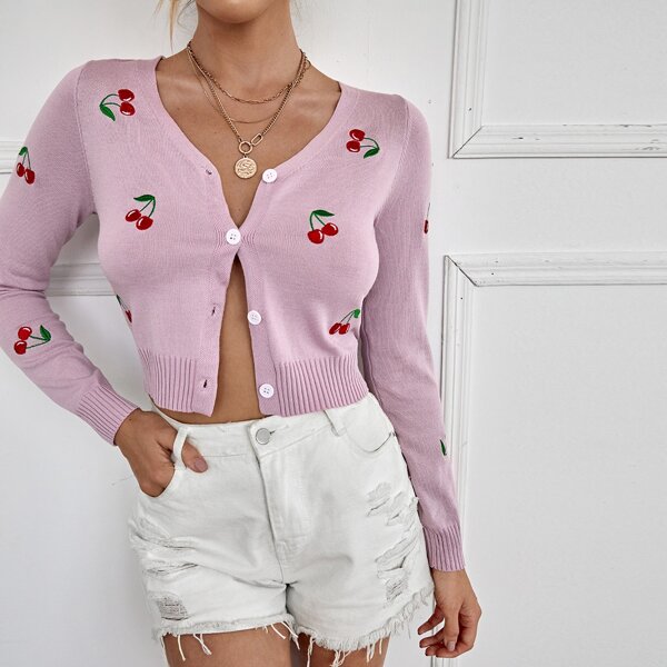 

Button Front Cherry Pattern Cardigan, Pink