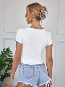 SHEIN Unity Button Front Contrast Binding Knit Top - White - View 2