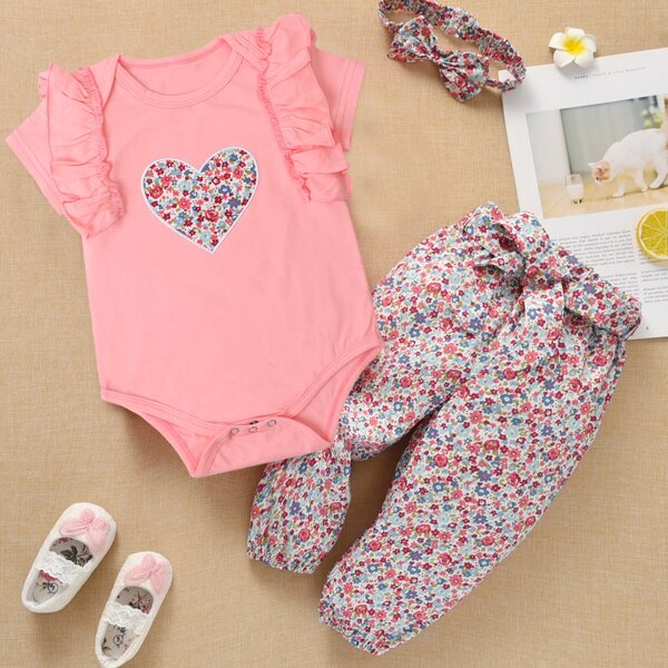 

Baby Girl Heart Print Romper & Belted Pants & Headband, Coral pink
