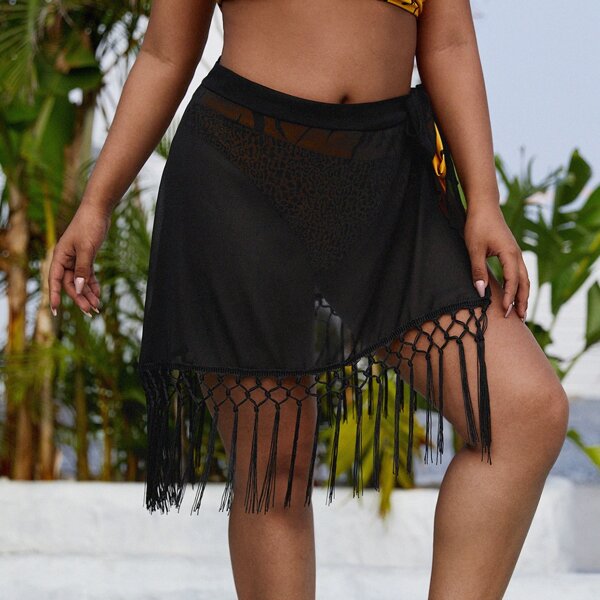 

Plus Fringe Hem Chiffon Cover Up Skirt, Black