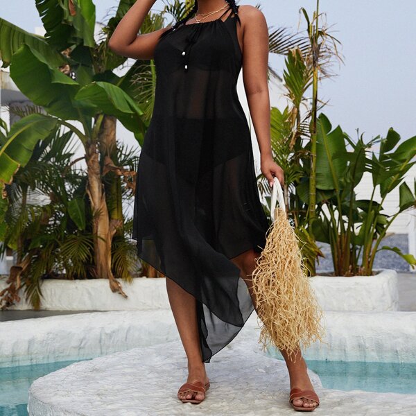 

Plus Tie Front Sheer Chiffon Cover Up, Black