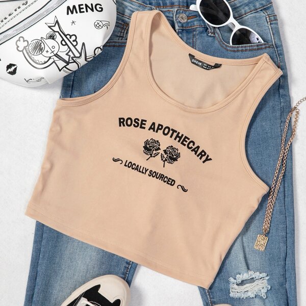 

Letter & Floral Graphic Tank Top, Khaki