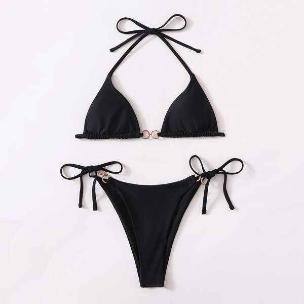 

Metal Decor Harness Tie Side Bikini Swimsuit, Black