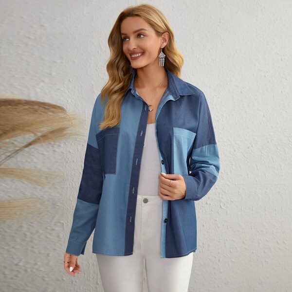 

Color-block Dual Pocket Denim Jacket, Medium wash