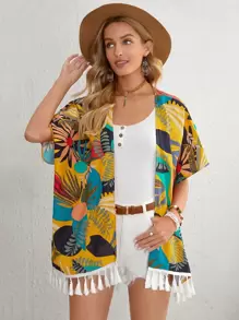 Abrigo Tropical Con Estampado Y Borlas En El Dobladillo - Multicolor - Ver 1
