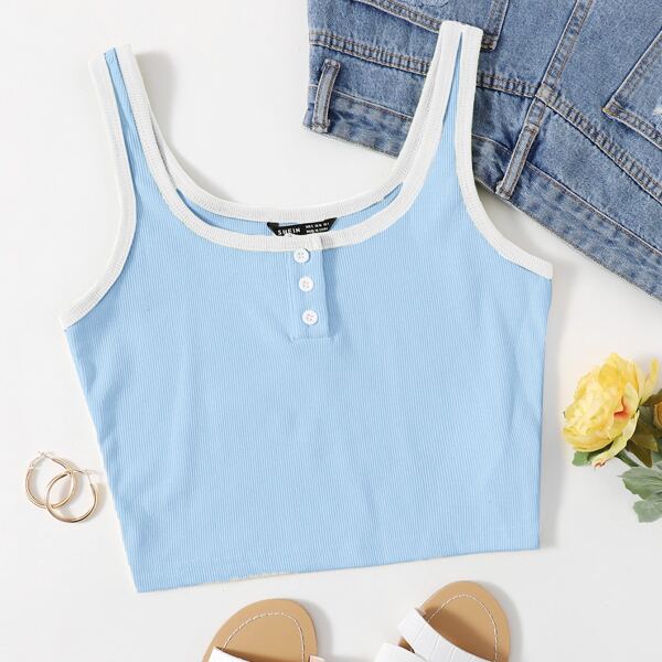 

Half Button Placket Ringer Tank Top, Baby blue