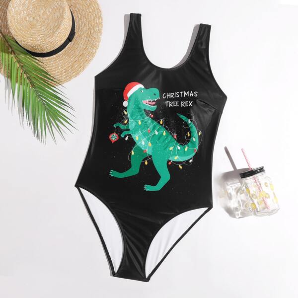 

Plus Cartoon Dinosaur One Piece Swimsuit, Multicolor