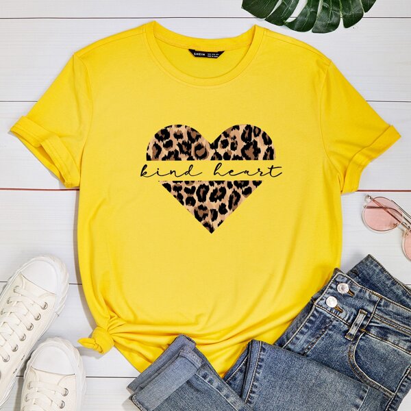 

Leopard Heart And Letter Graphic Tee, Yellow