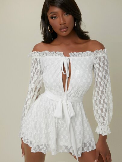 SHEIN Floral Lace Off-the-Shoulder Cutout Romper