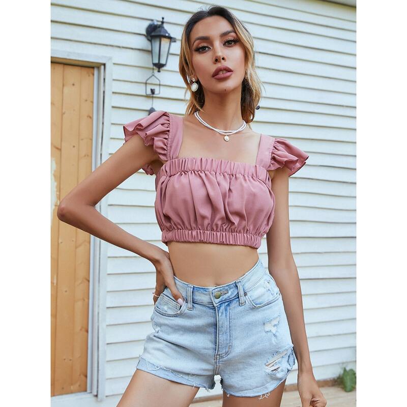 

Ruched Ruffle Trim Tie Back Crop Top, Dusty pink