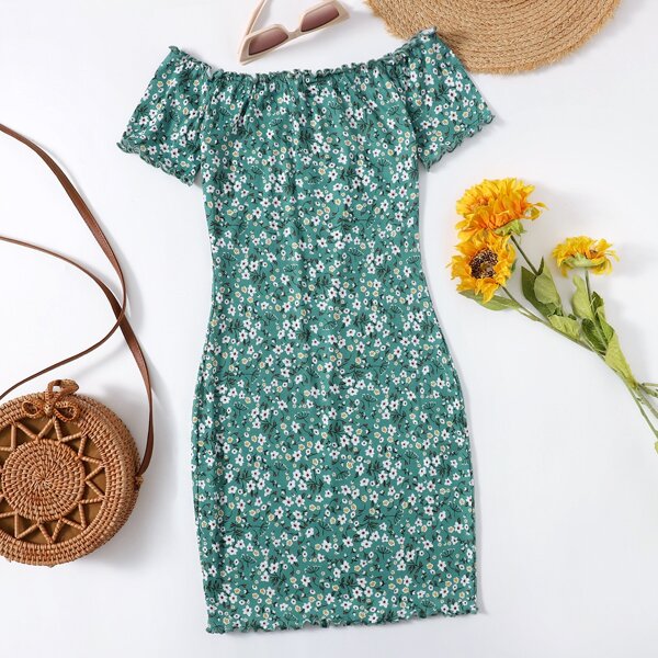 

Frilled Off Shoulder Lettuce Trim Ditsy Floral Bodycon Dress, Green