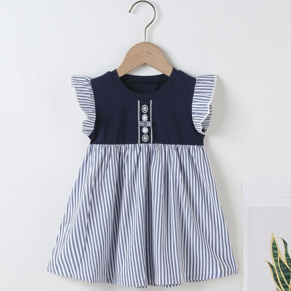 

Baby Girl Striped Ruffle Cuff Spliced Babydoll Dress, Blue and white