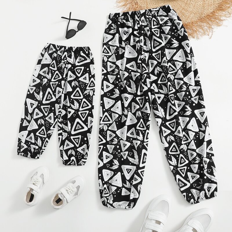 

Feather And Triangle Print Pants, Black and white