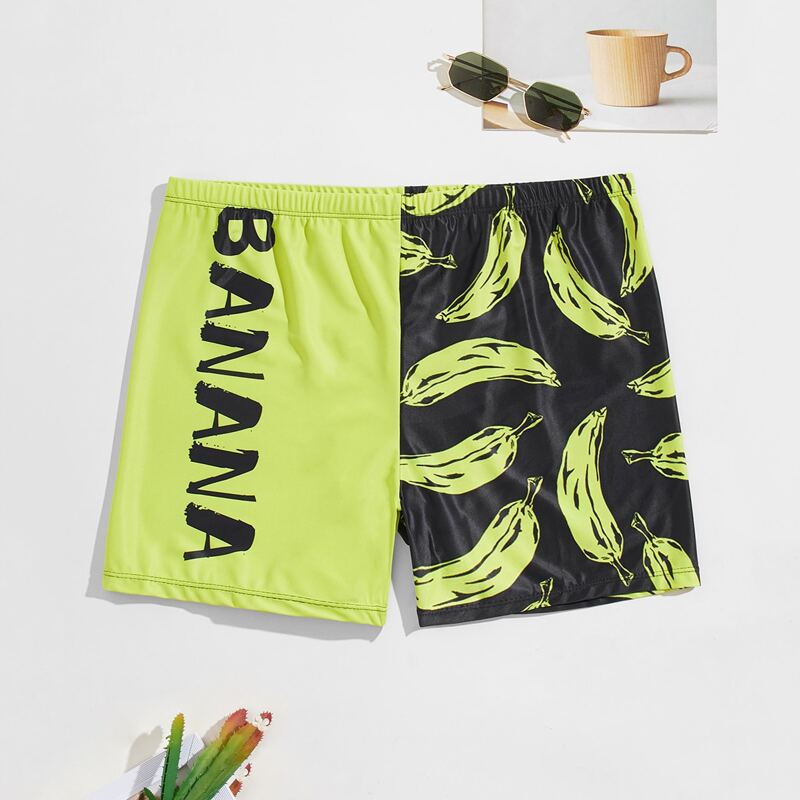 

Guys Color-block Banana Print Swim Trunks, Multicolor