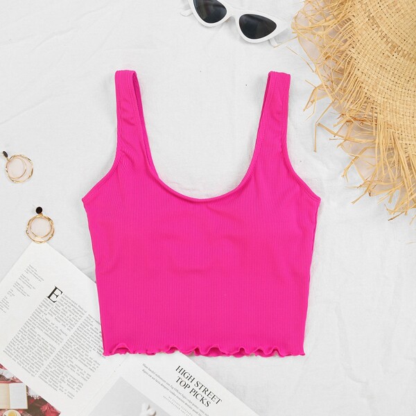 

Rib Lettuce Hem Bikini Top, Hot pink