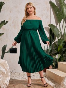 SHEIN Belle Plus Off Shoulder Lantern Sleeve Pleated Bridesmaid Dress - Green - View 2