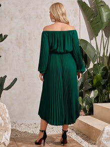 SHEIN Belle Plus Off Shoulder Lantern Sleeve Pleated Bridesmaid Dress - Green - View 3