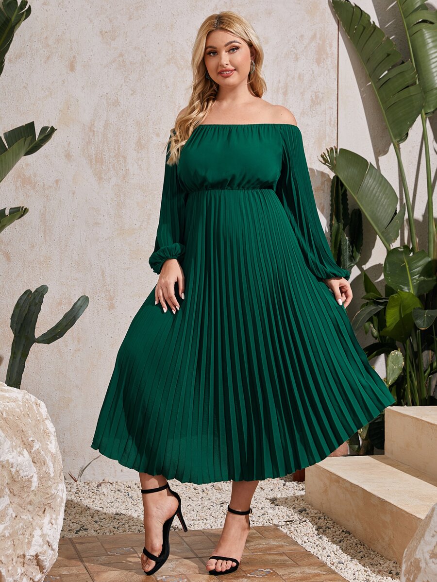 SHEIN Belle Plus Off Shoulder Lantern Sleeve Pleated Bridesmaid Dress - Green - View 1