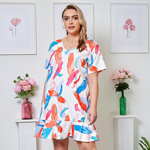 

Plus Ruffle Hem Brush Stroke Print Dress, Multicolor