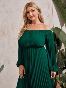 SHEIN Belle Plus Off Shoulder Lantern Sleeve Pleated Bridesmaid Dress - Green - View 4