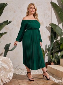 SHEIN Belle Plus Off Shoulder Lantern Sleeve Pleated Bridesmaid Dress - Green - View 5
