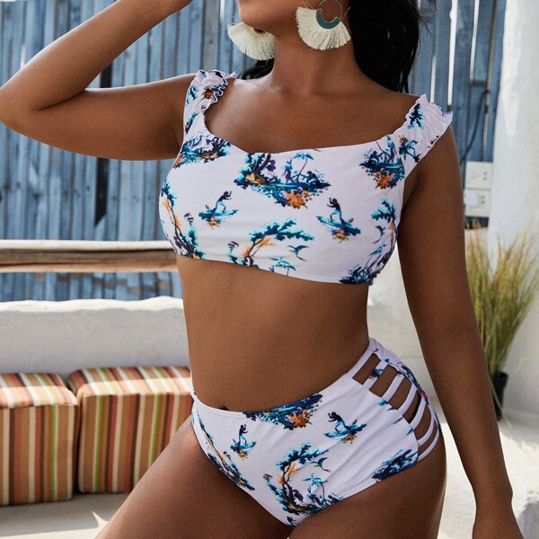 

Plus Tropical Cut-out Bikini Swimsuit, Multicolor