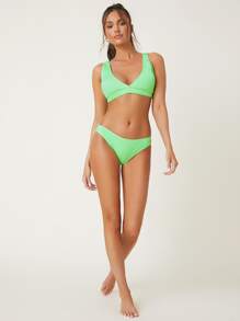 SHEIN Neon Green V Neck Bikini Top - Lime Green - View 4
