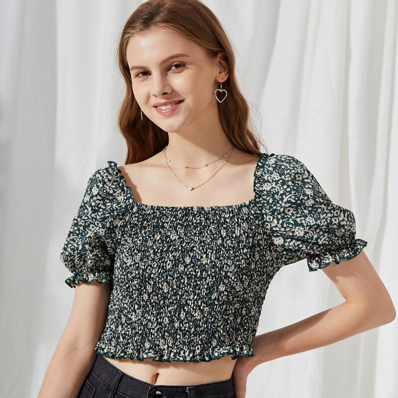 

Ditsy Flower Shirred Crop Top, Multicolor