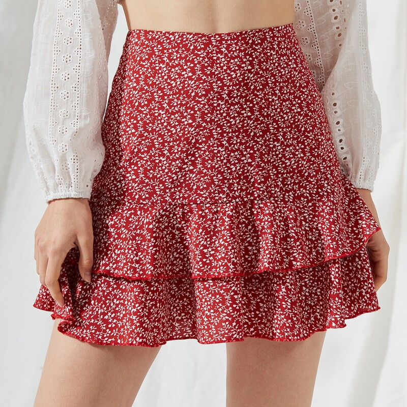 

Ditsy Flower Ruffle Hem Skirt, Red