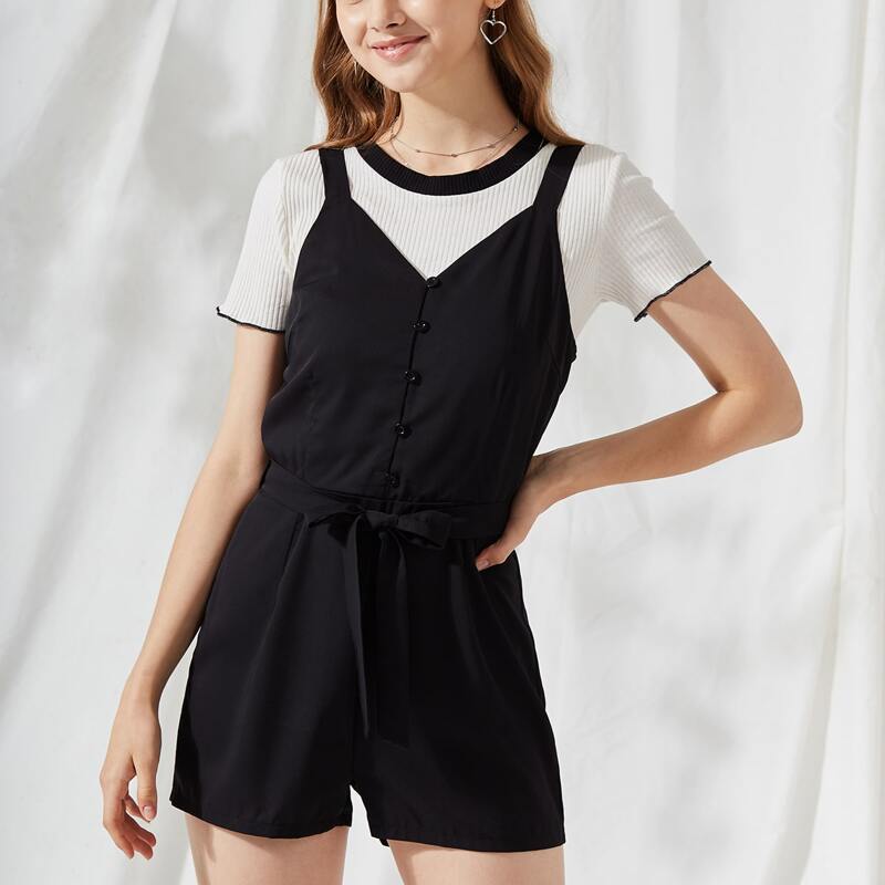 

Button Front Belted Cami Romper, Black