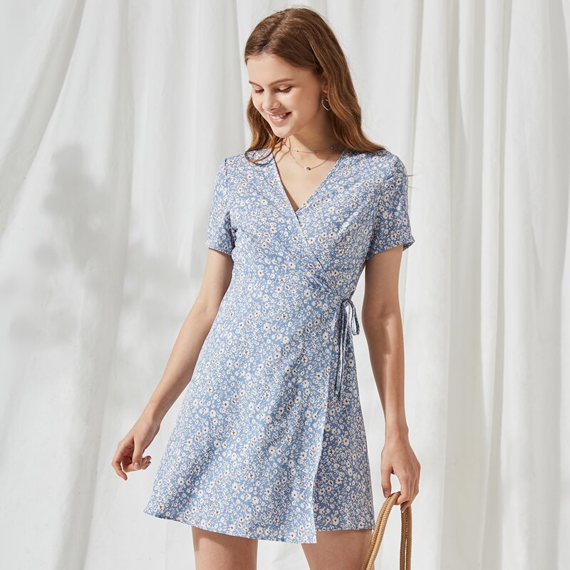 

Ditsy Flower Wrap Dress, Blue