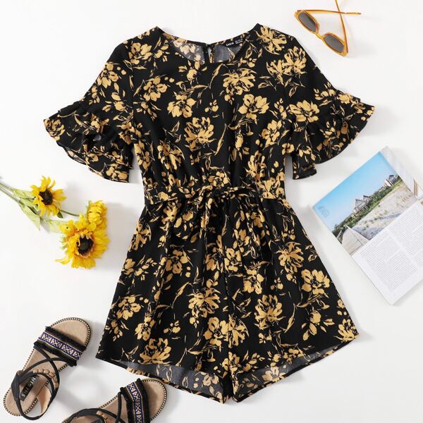

Floral Flounce Sleeve Belted Romper, Multicolor