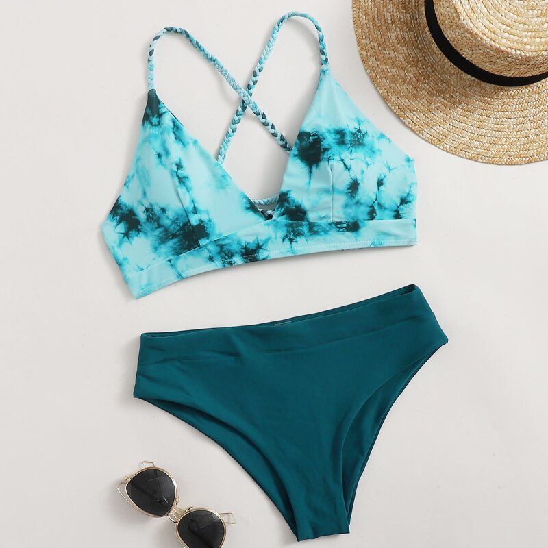 

Tie Dye Lace-up Back Bikini Swimsuit, Green