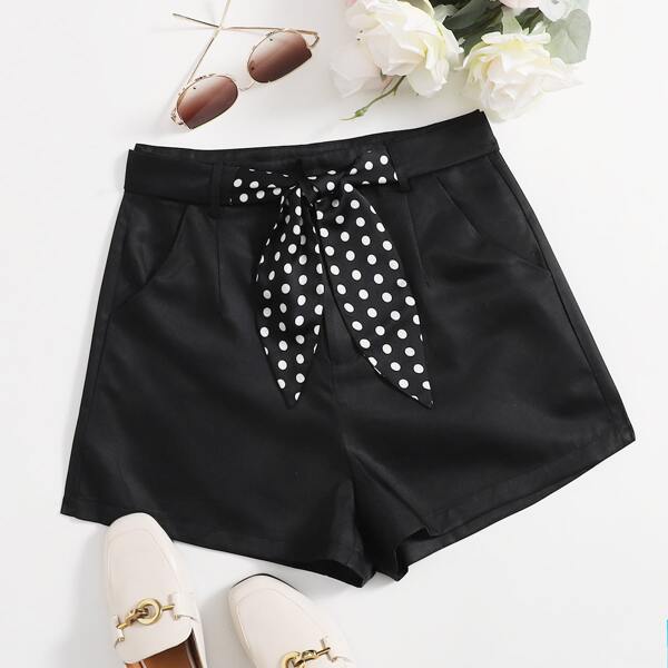 

Polka Dot Tie Front Shorts, Black