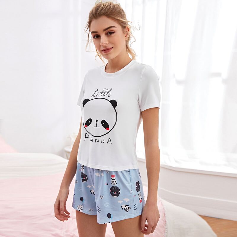 

Cartoon Graphic Tee & Shorts Pajama Set, Blue and white