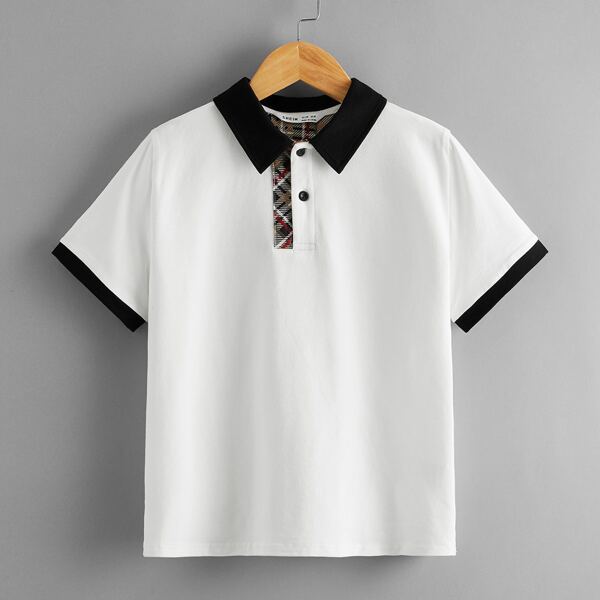 

Boys Plaid Panel Contrast Trim Polo Shirt, White