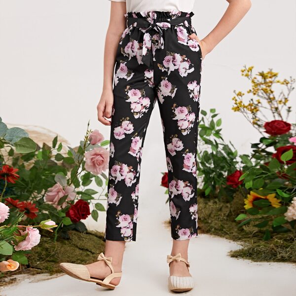 

Girls Paperbag Waist Belted Floral Print Pants, Multicolor